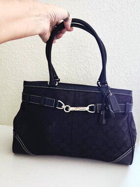 New Coach Hampton Y2k Signature C's Black Leather Satchel Tote Handbag Purse